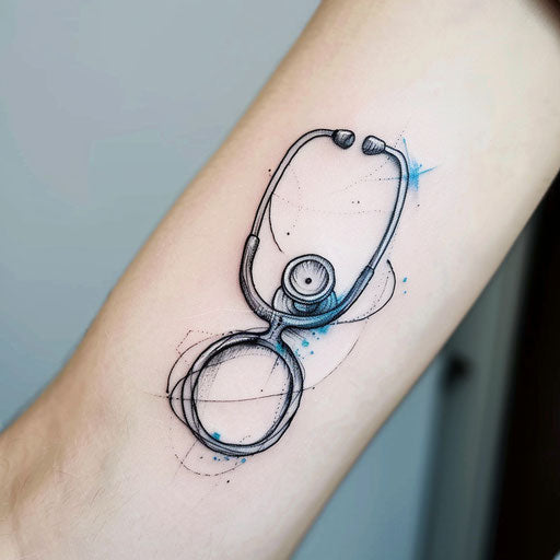 Minimalist flat tattoo sketch of a glossy black stethoscope with subtle blue highlights