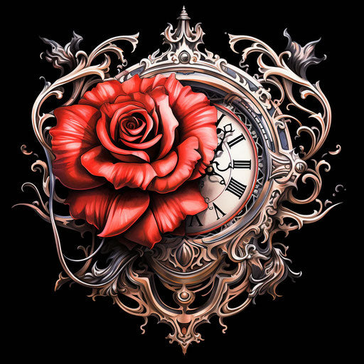 Rose tattoo clock in Mizuno Eng style, embossed paper