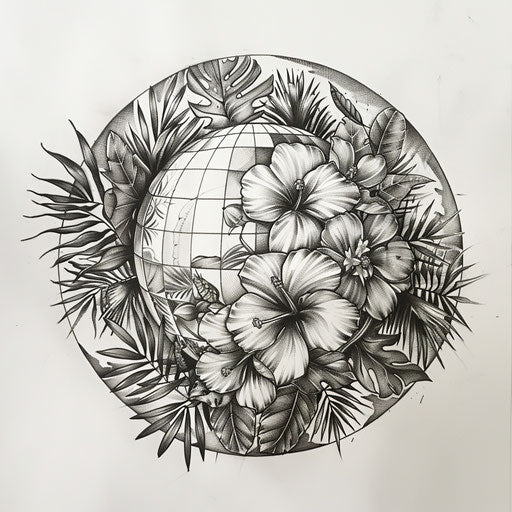 Botanical disco ball tattoo sketch with lush foliage and flowers