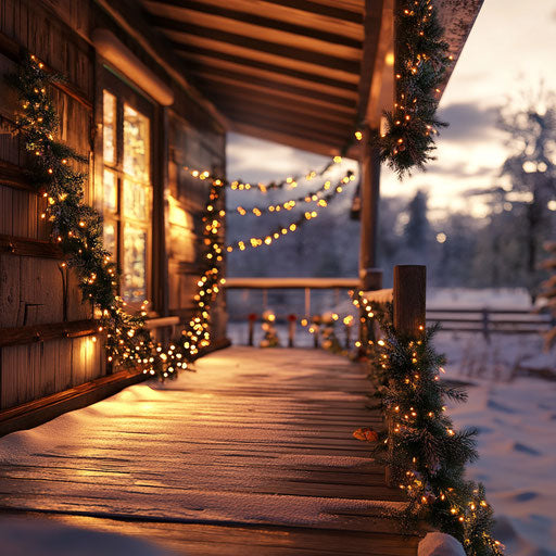 Winter cabin with garland and warm lights