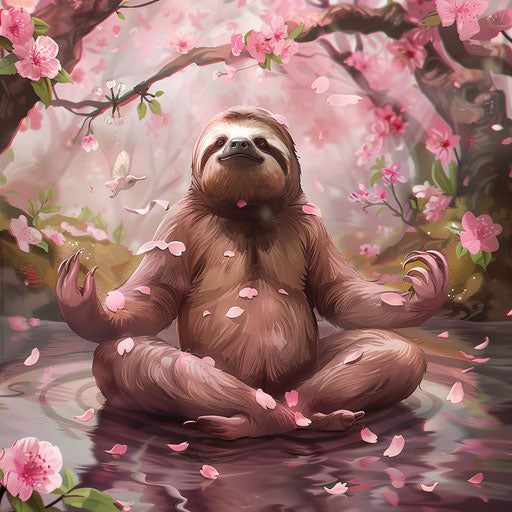Sloth doing yoga in a serene zen garden