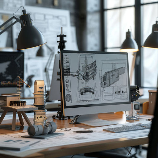 Engineer's office with CAD drawings and prototypes