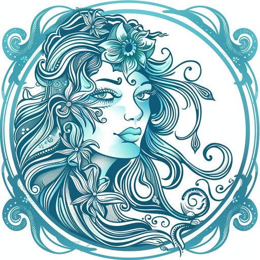 Beautiful flat tattoo sketch clipart of Aphrodite with ocean blue and seafoam green accents
