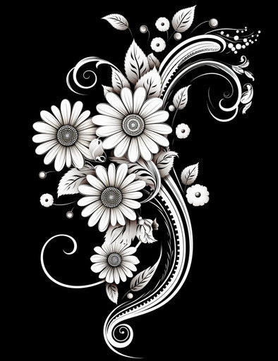 Black and white floral design with flower, Sudersan Pattnaik-style, dotted, flowing textures, tattoo-inspired, bold yet graceful, spirals, comic book-influenced