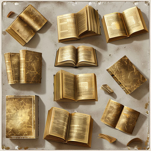 Literacy illustration in photorealistic style with flat random background, metallic sheen and realistic textures