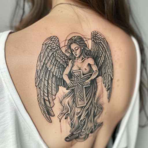 Guardian angel tattoo with Celtic design on white backdrop