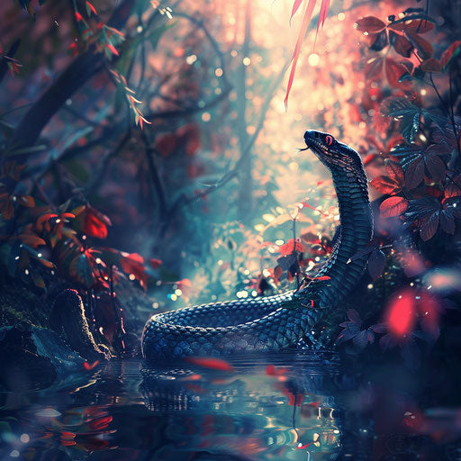 Black mamba snake in a whimsical forest