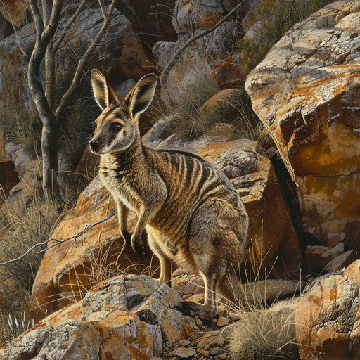 Black-striped Wallaby navigating rocky dry forest