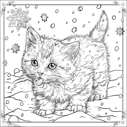 Adorable kitten playing with snowflakes, in the style of Mark Schultz, coloring book page