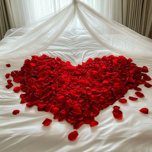 Heart of red rose petals on bed with transparent veil