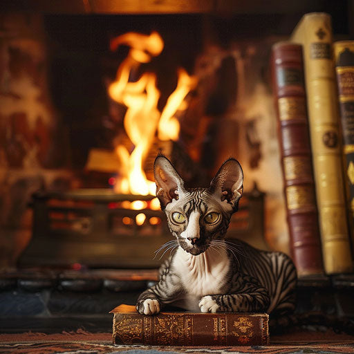 Cornish Rex cat in front of a fire in a fireplace