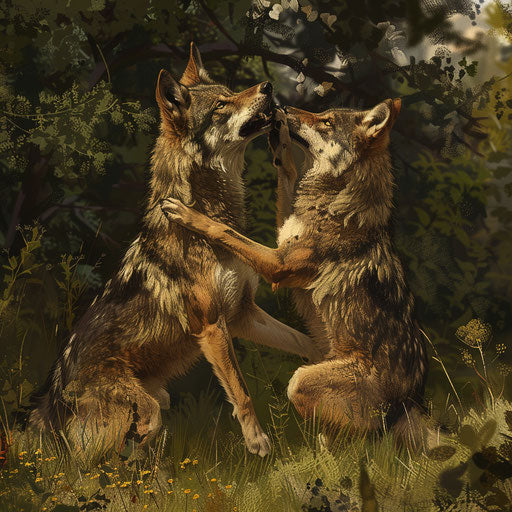 Wolves play in lush meadow – IMAGELLA