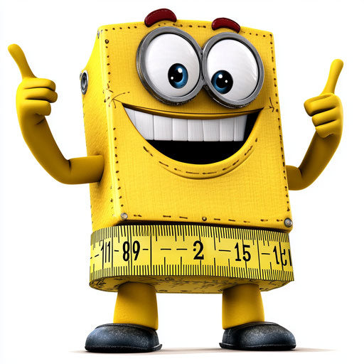Humorous caricature of a tape measure with human characteristics