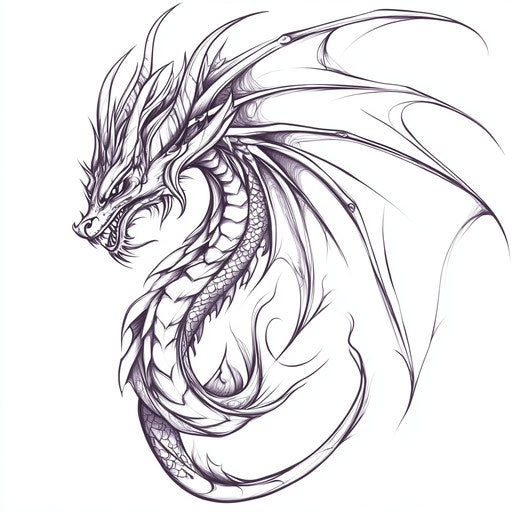 Stylized tribal dragon tattoo sketch on pure white background