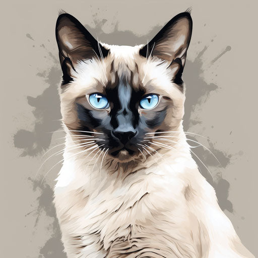 Sitting siamese cat with blue eyes on beige, brown, black and light brown background