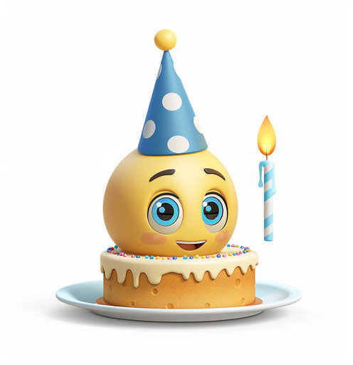 Emoji of yellow face blowing candle on birthday cake