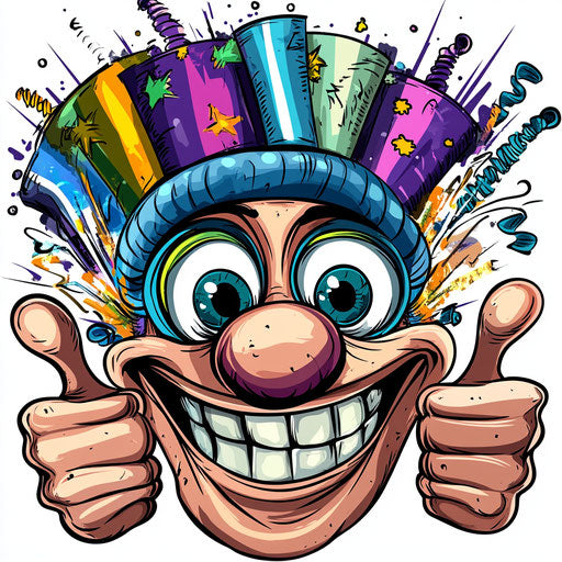 Humorous caricature of a happy new year caricature clipart with human characteristics, exaggerated googly eyes, with toes feet, dramatic shadows, vibrant colors, cartoon style, thumbs down, high-resolution, no background, isolated