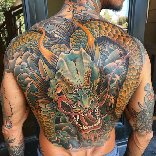 Mythical creature camouflage tattoo in the style of Glenn Fabry