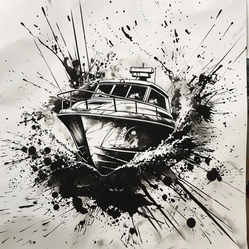 Expressive splatter art tattoo sketch of a speedboat with dynamic water splashes