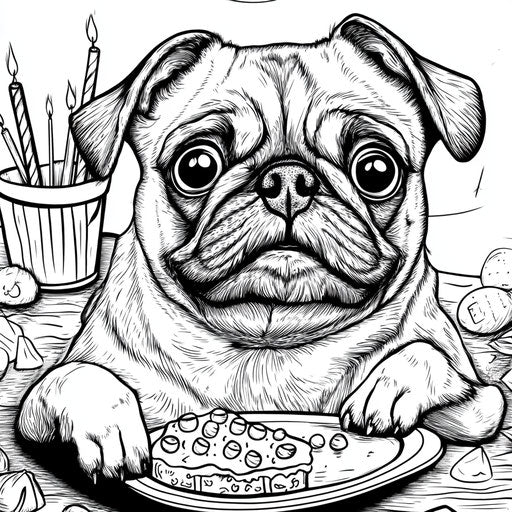 Pug at a birthday party, Walt Handelsman style