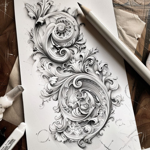 Baroque tattoo sketch of a Fibonacci sequence with ornate details and classic flourishes
