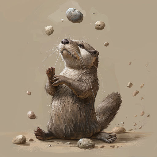 Otter juggling pebbles on belly