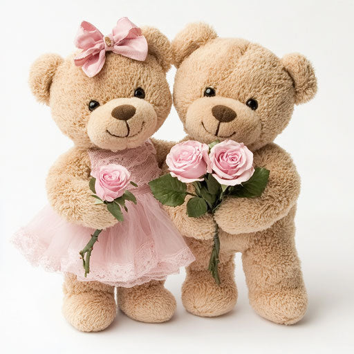 Adorable teddy bear couple with roses, in pink dress on white