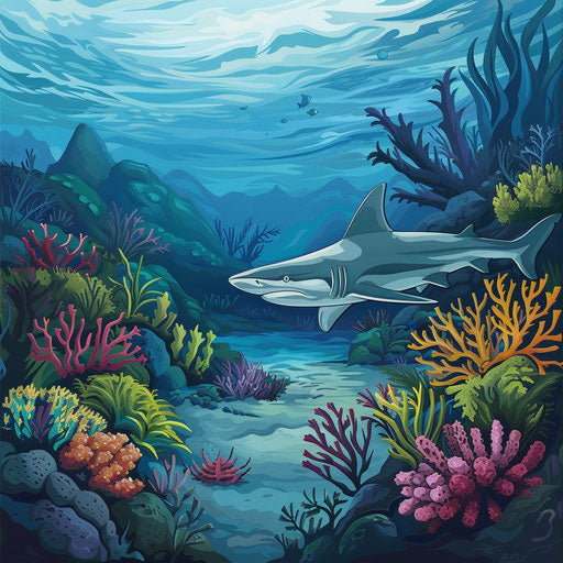 Serene underwater scene with shark gliding past coral reef