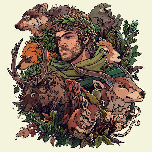 Heartwarming tattoo sketch of Baldur surrounded by forest animals