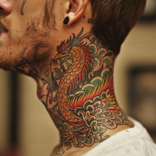 Side neck tattoos featuring a phoenix, Ed Hardy style