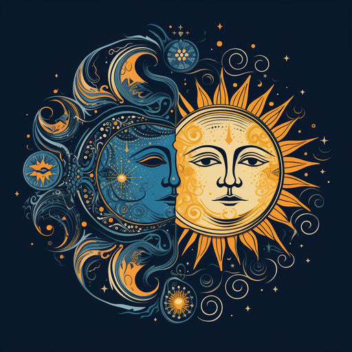 Sun and moon in an inline drawing, vintage engraving