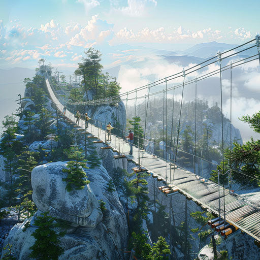 Grandfather Mountain's suspension bridge with panoramic view, in the style of Jimmy Chin