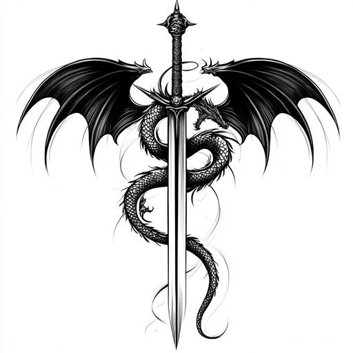 Tribal dragon sketch in dark ink around a sword