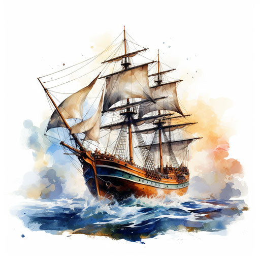 Ship clipart in the style of oil painting, on white background
