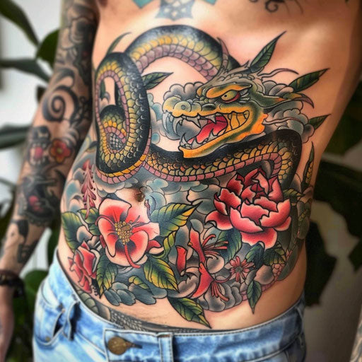 Ed Hardy-inspired stomach tattoos with iconic American motifs