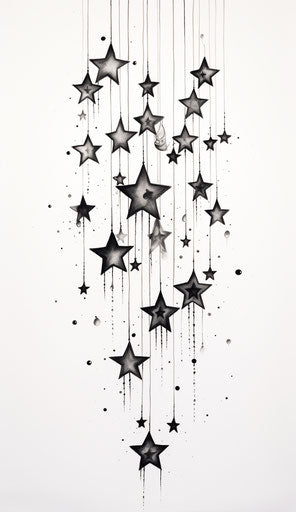 Black and white stars hanging on a white background, anime aesthetic style, tattoo 37:64