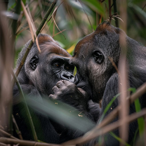 Western lowland gorilla delicately grooming its mate in forest