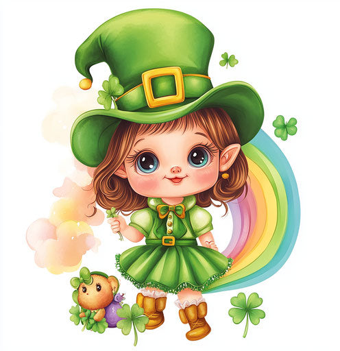 St. Patrick's Day baby girl with leprechaun and doll, colorful rainbow design