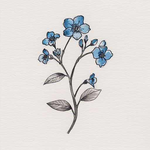 Delicate forget-me-not flower depicted in fine art, on white studio paper