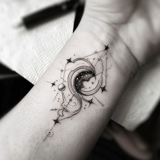 Stylish tattoo sketch of the Aquarius constellation with Art Deco star embellishments