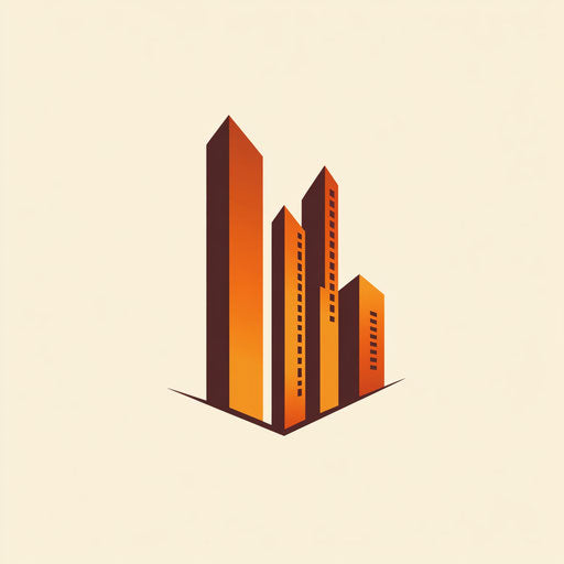 Sophisticated construction company logo design with stylized building framework and refined modern typography, orange and deep brown color palette on flat cream background.