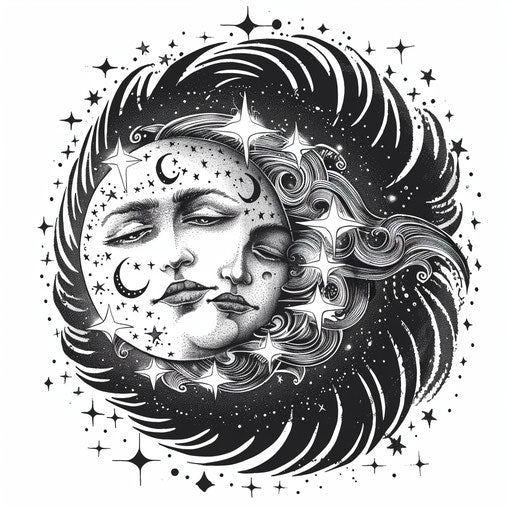 Psychedelic tattoo art of moon with faces surrounded by swirling stars on white backdrop