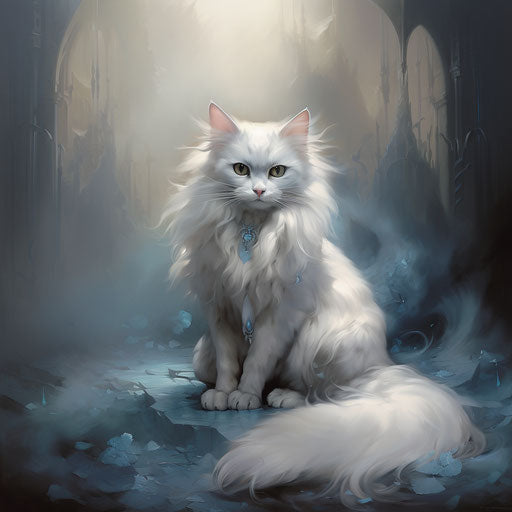 Grey and white cat sitting on the ground, realistic yet ethereal style