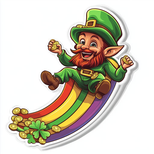Leprechaun sliding on a rainbow with gold coins
