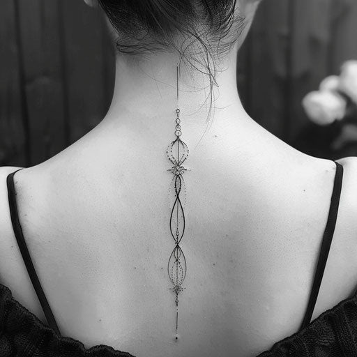 Minimalist spine tattoo illustrated, black line wave on white