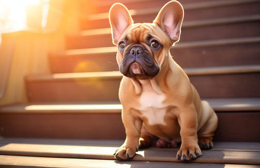 French bulldog sitting with ears at rest on a wooden step