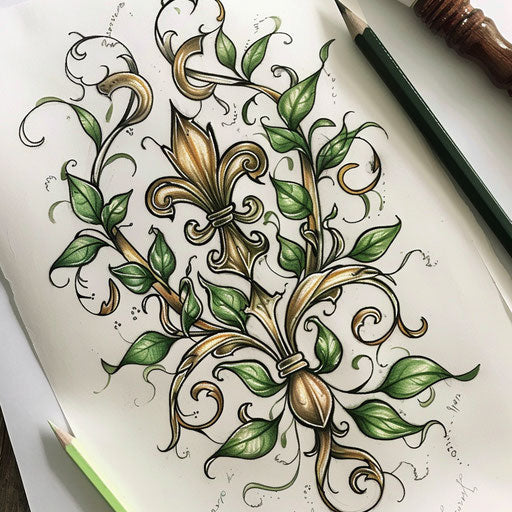 Nature-inspired tattoo sketch of a fleur de lis intertwined with green leafy vines