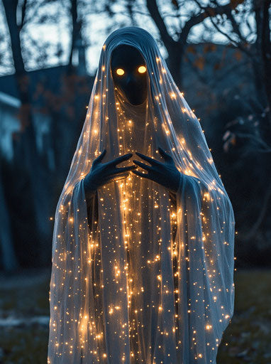 Eerie glowing ghost costume in the yard