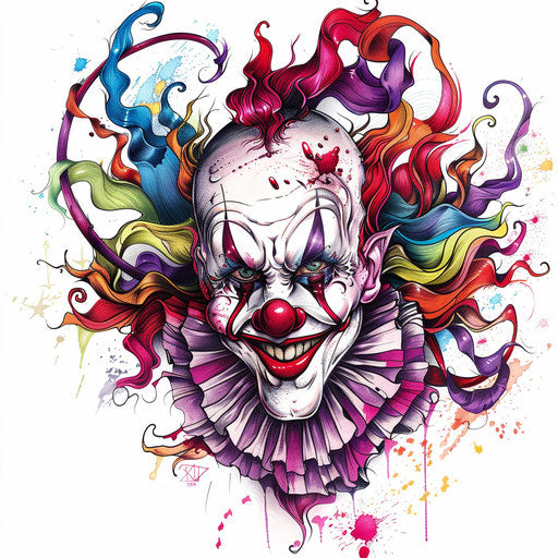 Detailed clown tattoo with bright colors and whimsical patterns