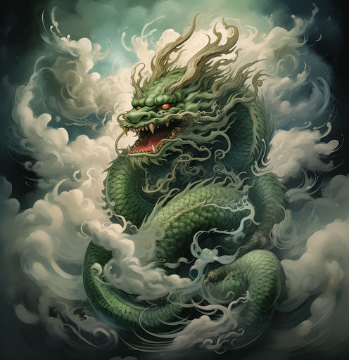 Green dragon on cloud with smoke and rain, traditional style, bold contrasting colors, northern and southern dynasties, precarious balance